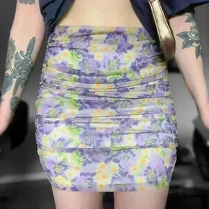 Lilac floral‎ graphic print mini skirt Nasty Gal mesh  ruched side high waisted